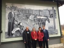 At the Freeman Station with mural artist Claire Hall, Brian Aasgaard, president of Friends of Freeman Station, and Mayor Rick Goldring.